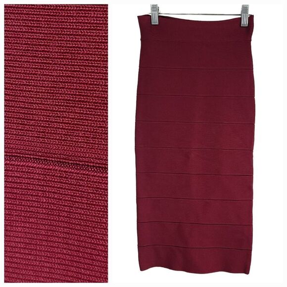 BCBGMaxAzria Leger Bandage Skirt Red Cranberry Bodycon Stretch Pencil Knee - Picture 2 of 8